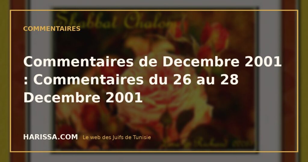 Commentaires de Decembre 2001 : Commentaires du 26 au 28 Decembre 2001 Commentaires de Decembre 2001 : Commentaires du 26 au 28 Decembre 2001