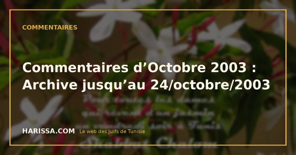 Commentaires d'Octobre 2003 : Archive jusqu'au 24/octobre/2003 Commentaires d’Octobre 2003 : Archive jusqu’au 24/octobre/2003